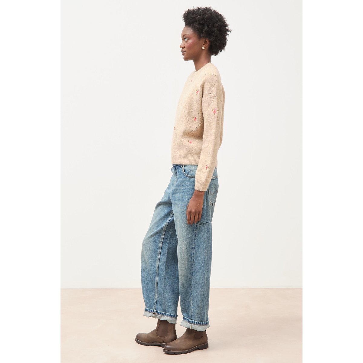Pull droit col rond manches longues creme, BONOBO
