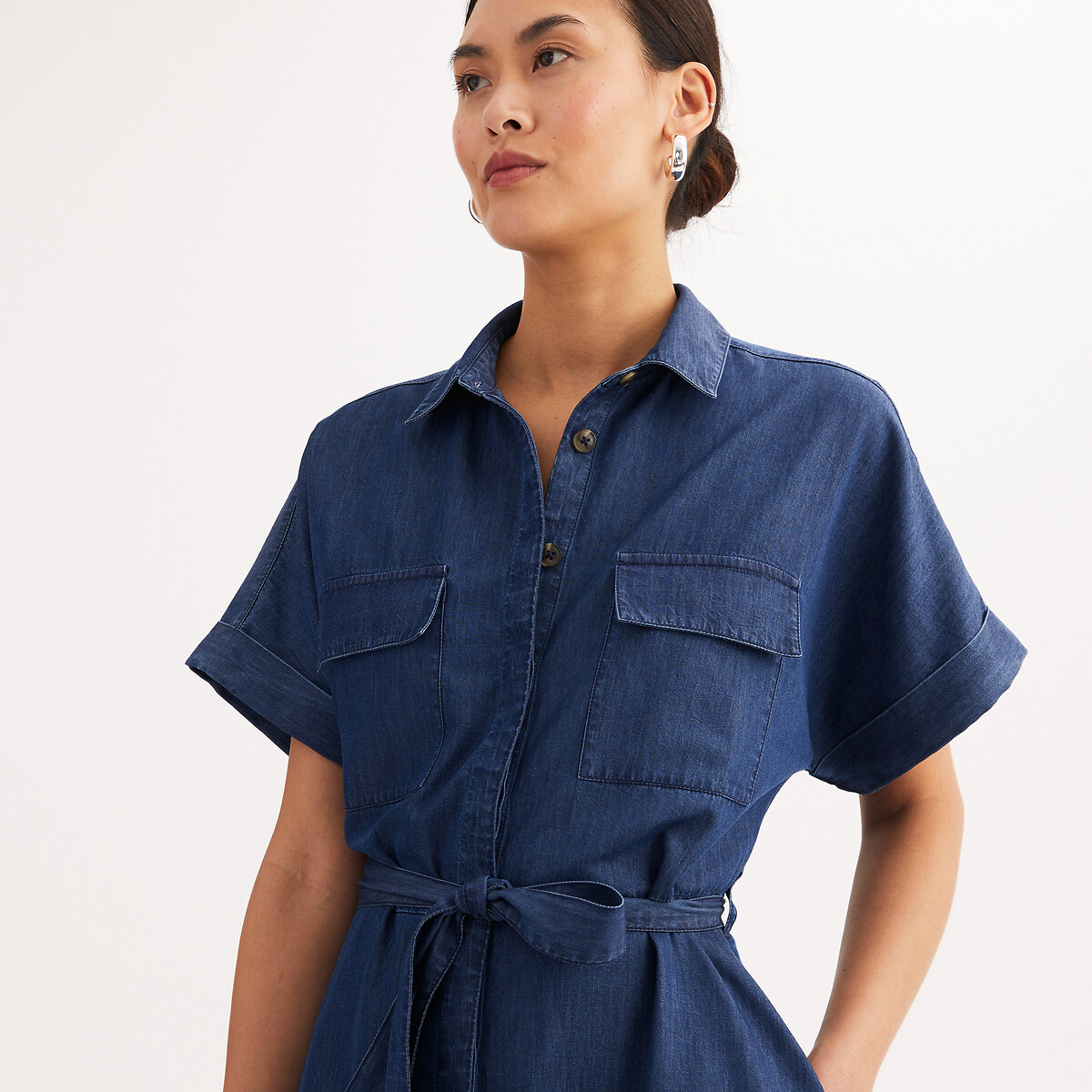 Robe évasée, longue, manches courtes, en denim light denim brut, ANNE WEYBURN