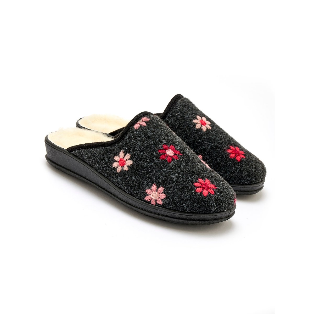 Mules fourrées laine gris foncé / fleurs brodées, PEDICONFORT