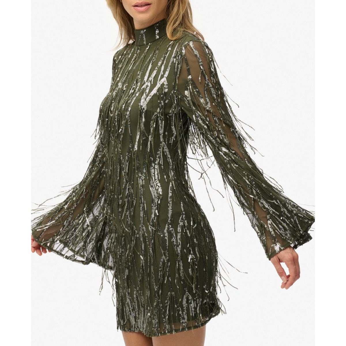 Robe courte à franges et sequins vert olive poudré, SUPERDRY