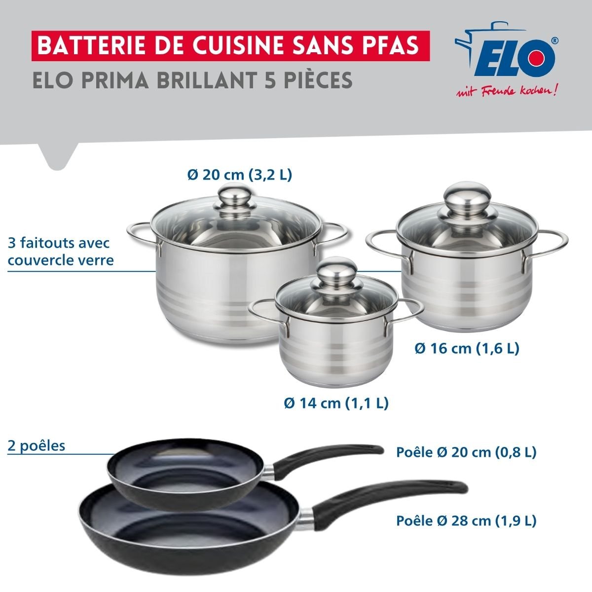Batterie 2 poêles 20/28cm + 3 faitouts 14/16/20cm PRIMA BRILLANT noir, ELO