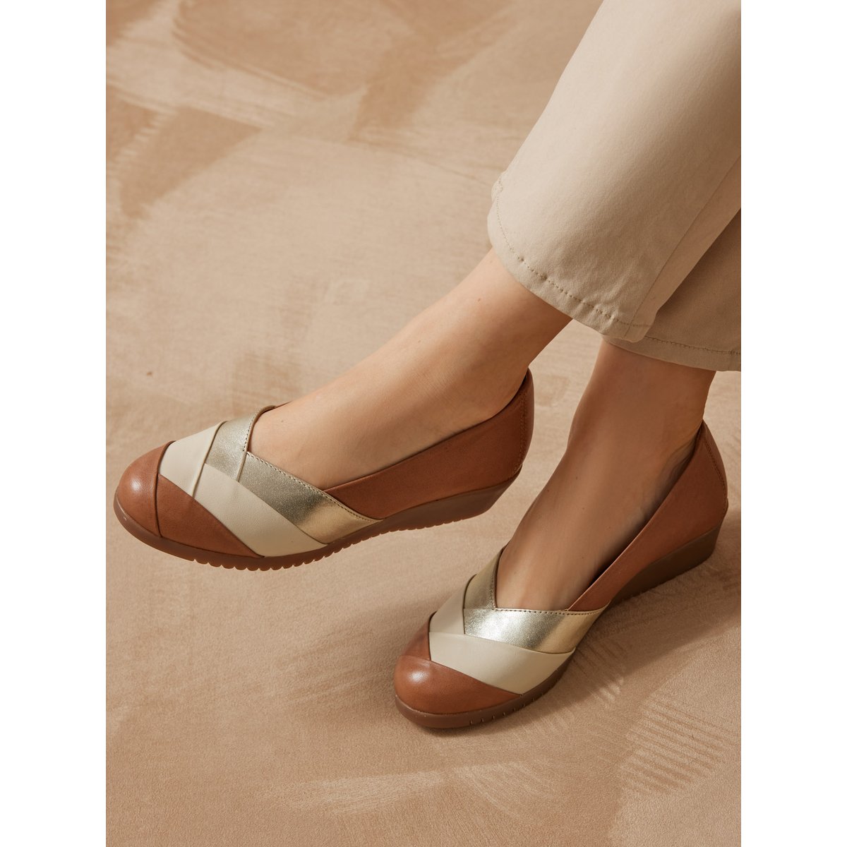 Ballerines tricolore tout cuir marron, PEDICONFORT