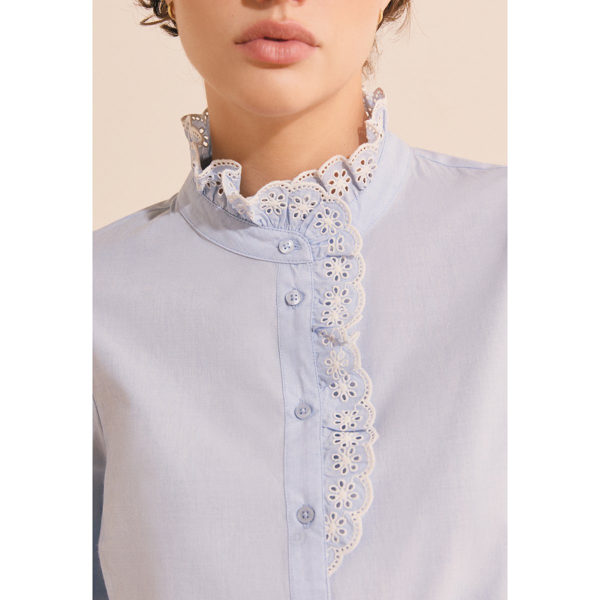 Chemise en coton avec broderie anglaise CARLY BROD bleu, ETAM