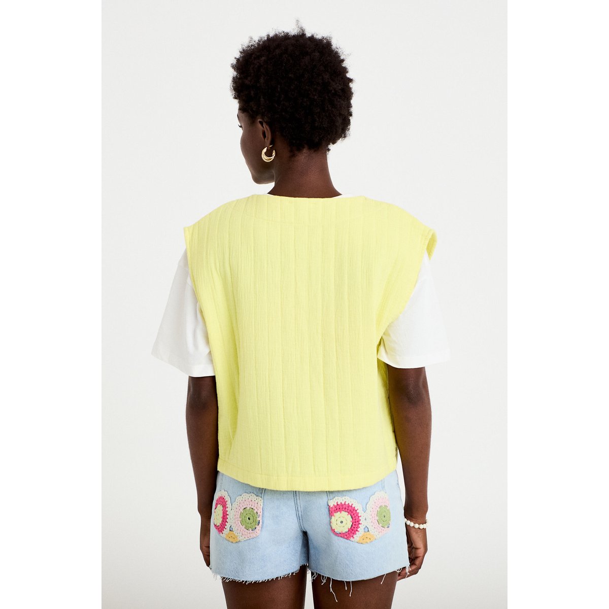 Gilet barman ample cropped plissé jaune citron, CACHE CACHE