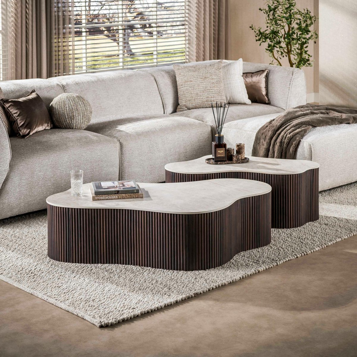 Table basse forme organique en céramique (lot de 2) MAHAL décor marbre, PIER IMPORT