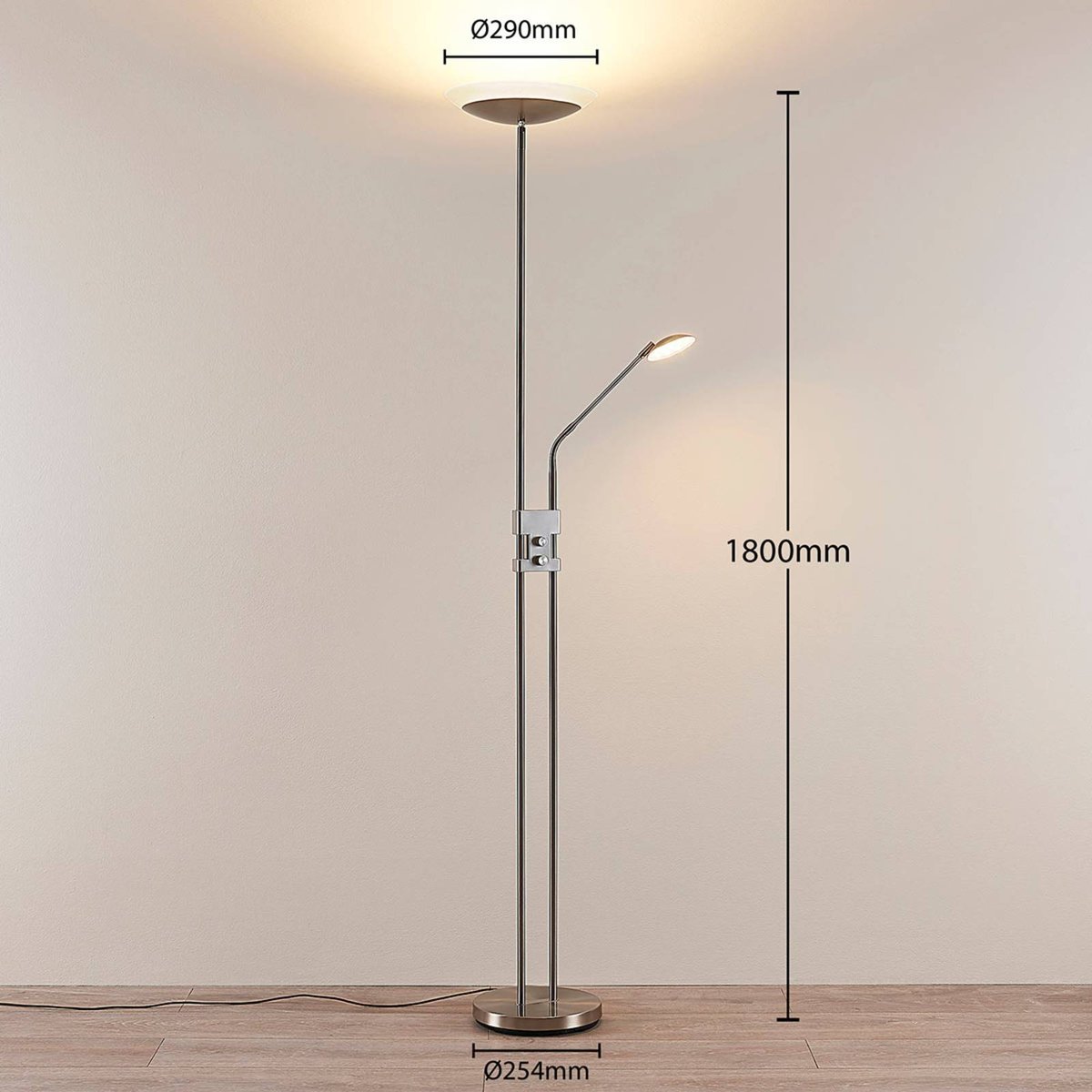 Lampadaire en métal moderneLED, Jonne nickel satiné, LINDBY