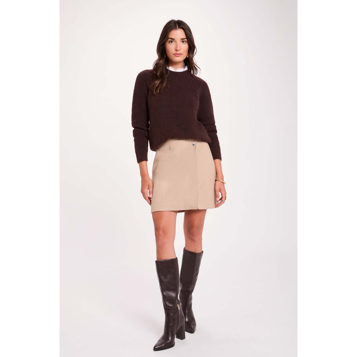 Pull col rond détails chemise marron foncé, MORGAN