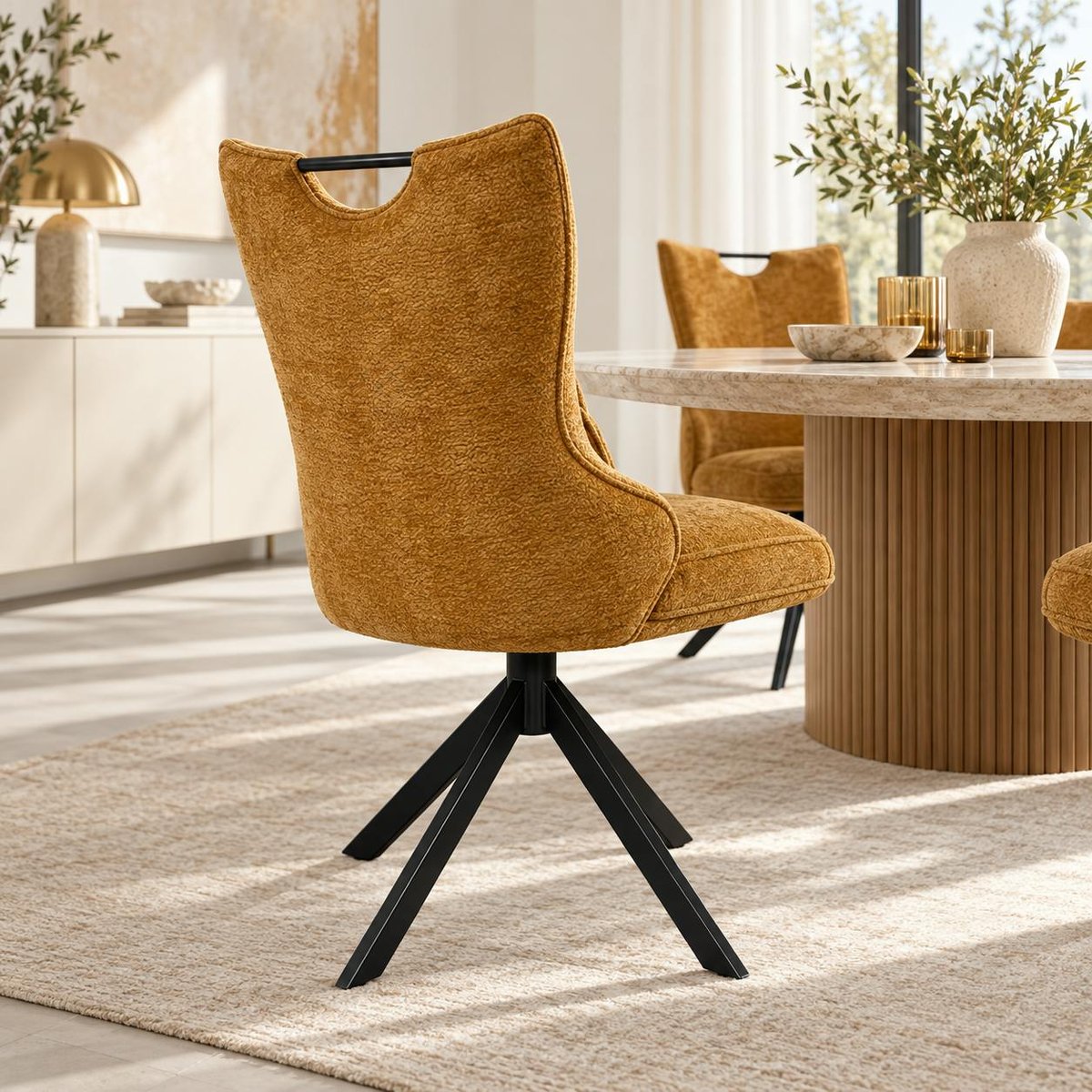 Chaise pivotante coussin et poignée tissu ocre (lot de 2) IENA doré, PIER IMPORT