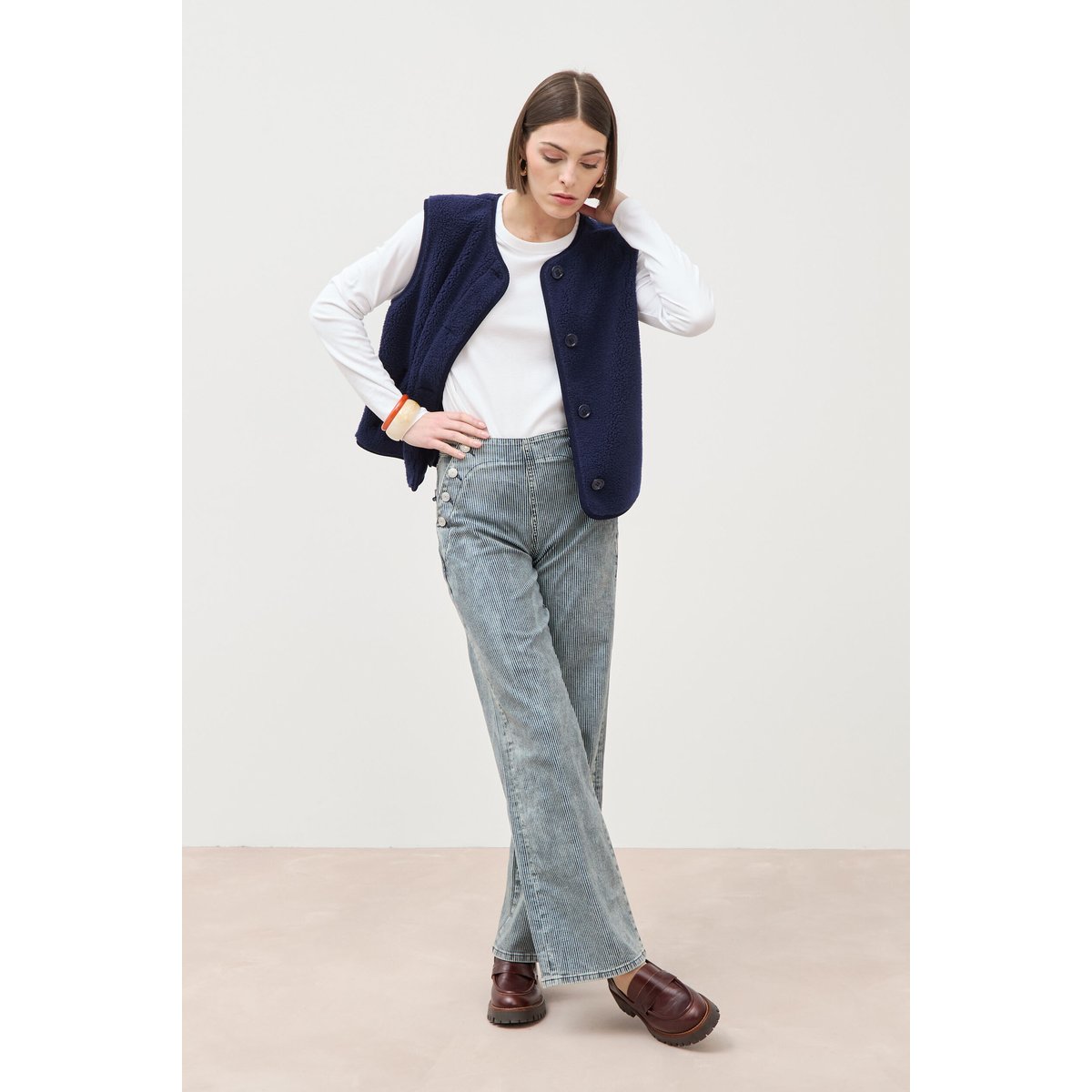 Pantalon large à pont taille haute denim used, BONOBO