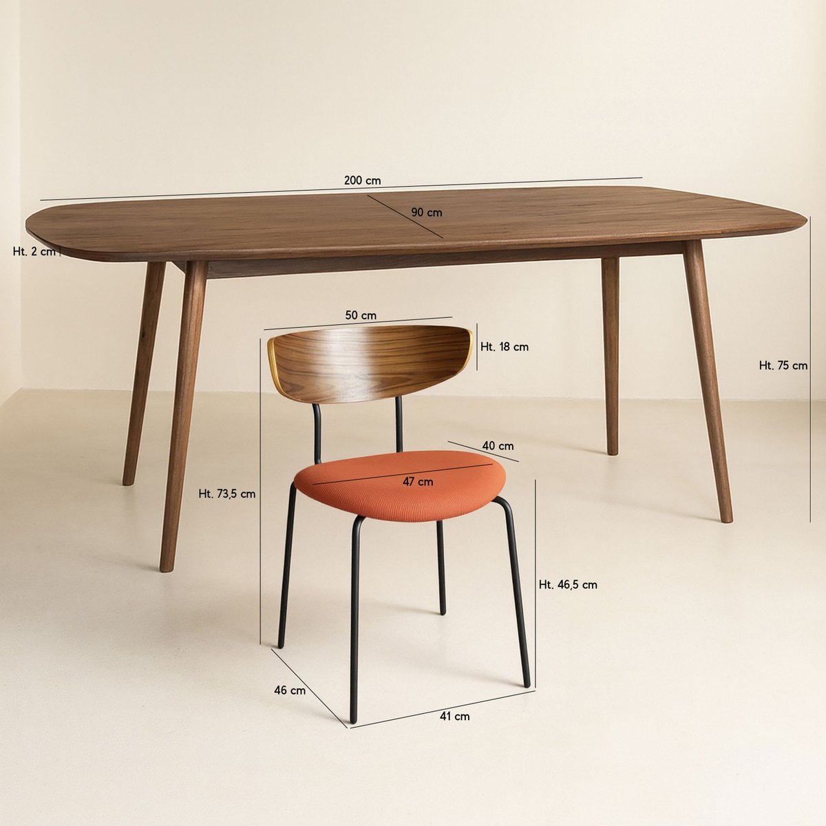 Ensemble table 200cm et 6 chaises en velours côtelé, RIVA terracotta, NOW'S HOME