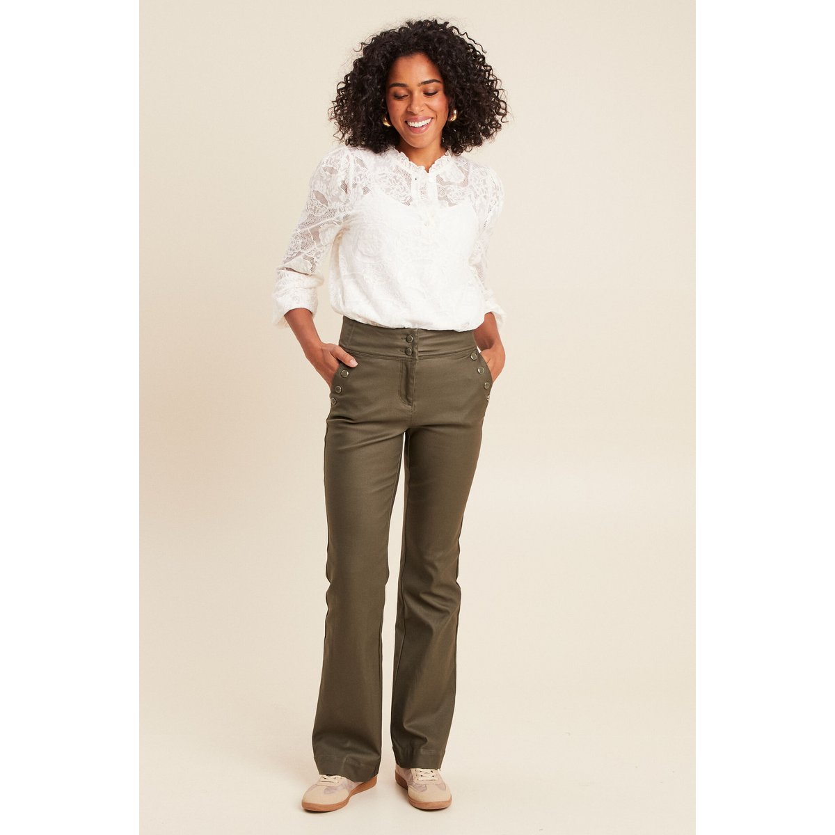 Pantalon bootcut enduit taille haute vert kaki, BREAL