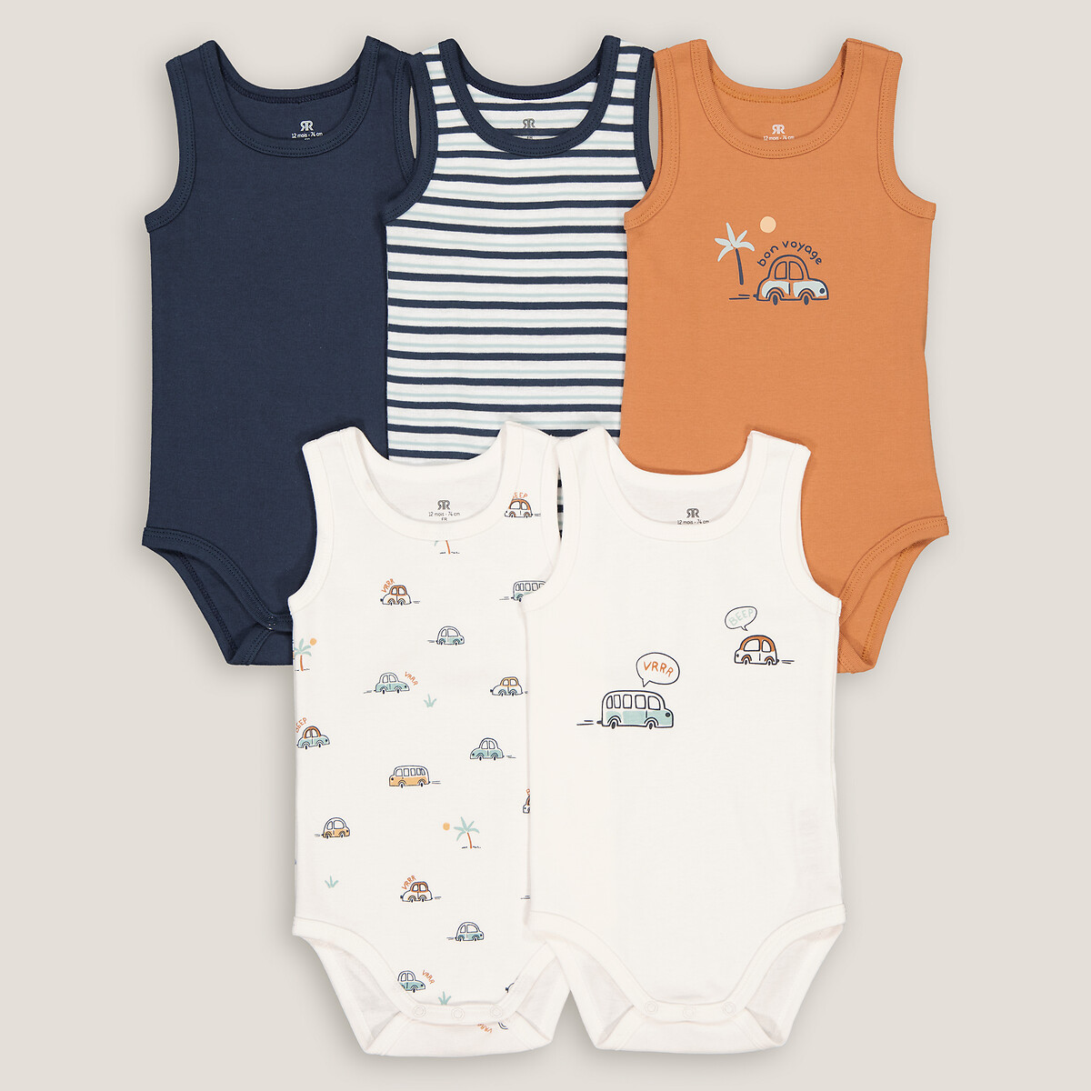 Lot de 5 bodies sans manches bleu + marron + écru, LA REDOUTE COLLECTIONS