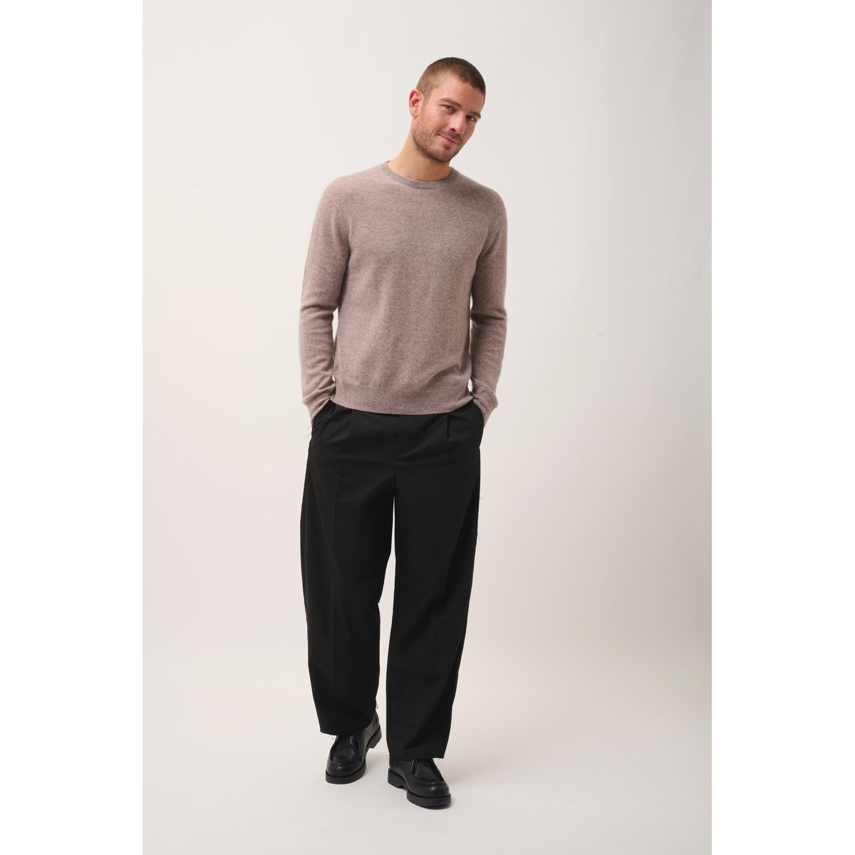Pull Col Rond Caribou Chiné Howard marron clair, JUST CASHMERE