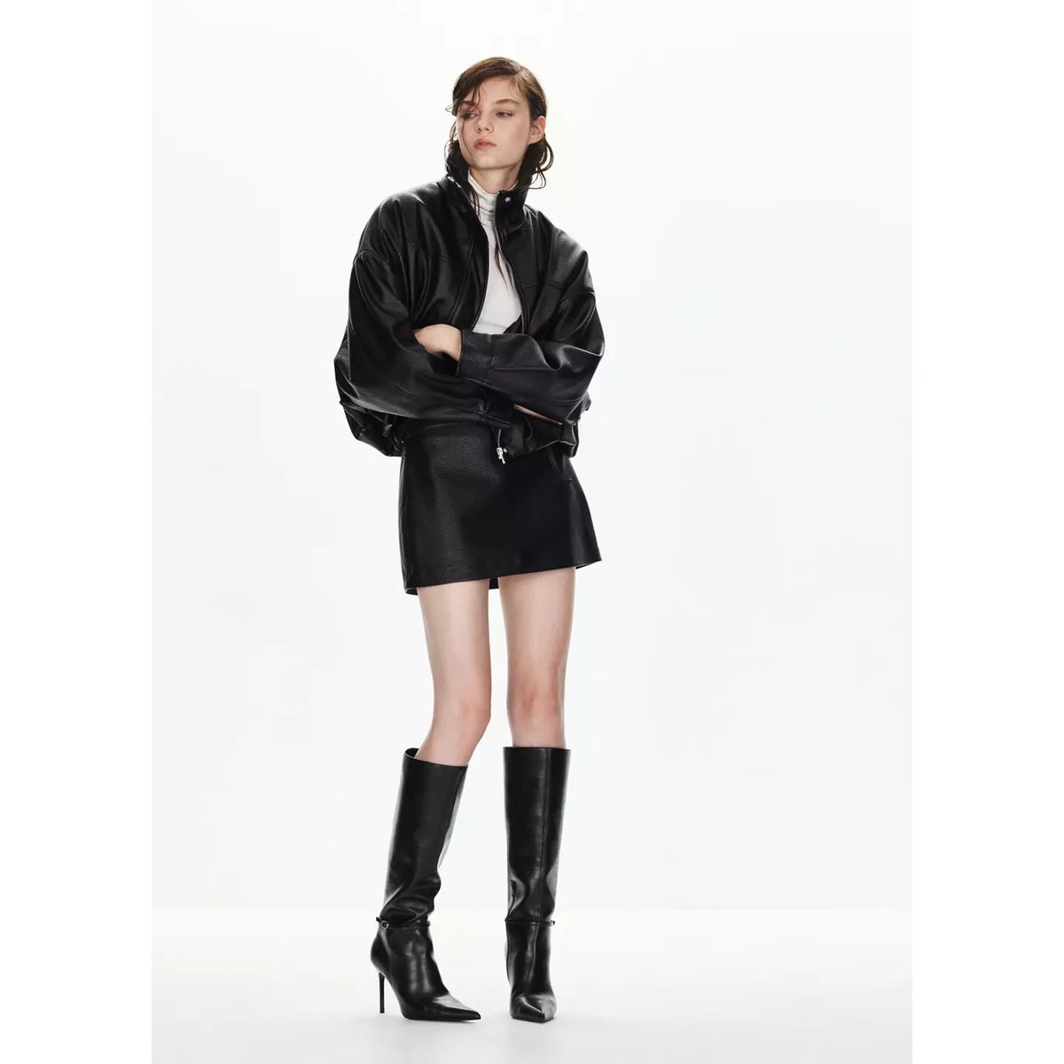 Jupe similicuir ceinture noir, MANGO