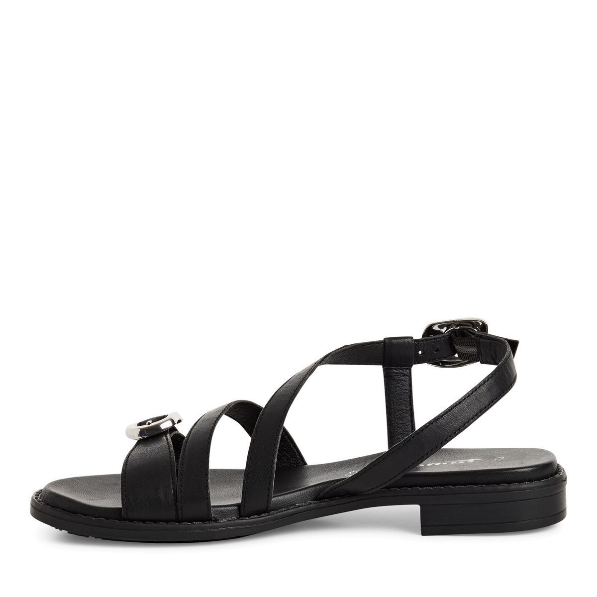 Sandales plates en cuir noir, TAMARIS