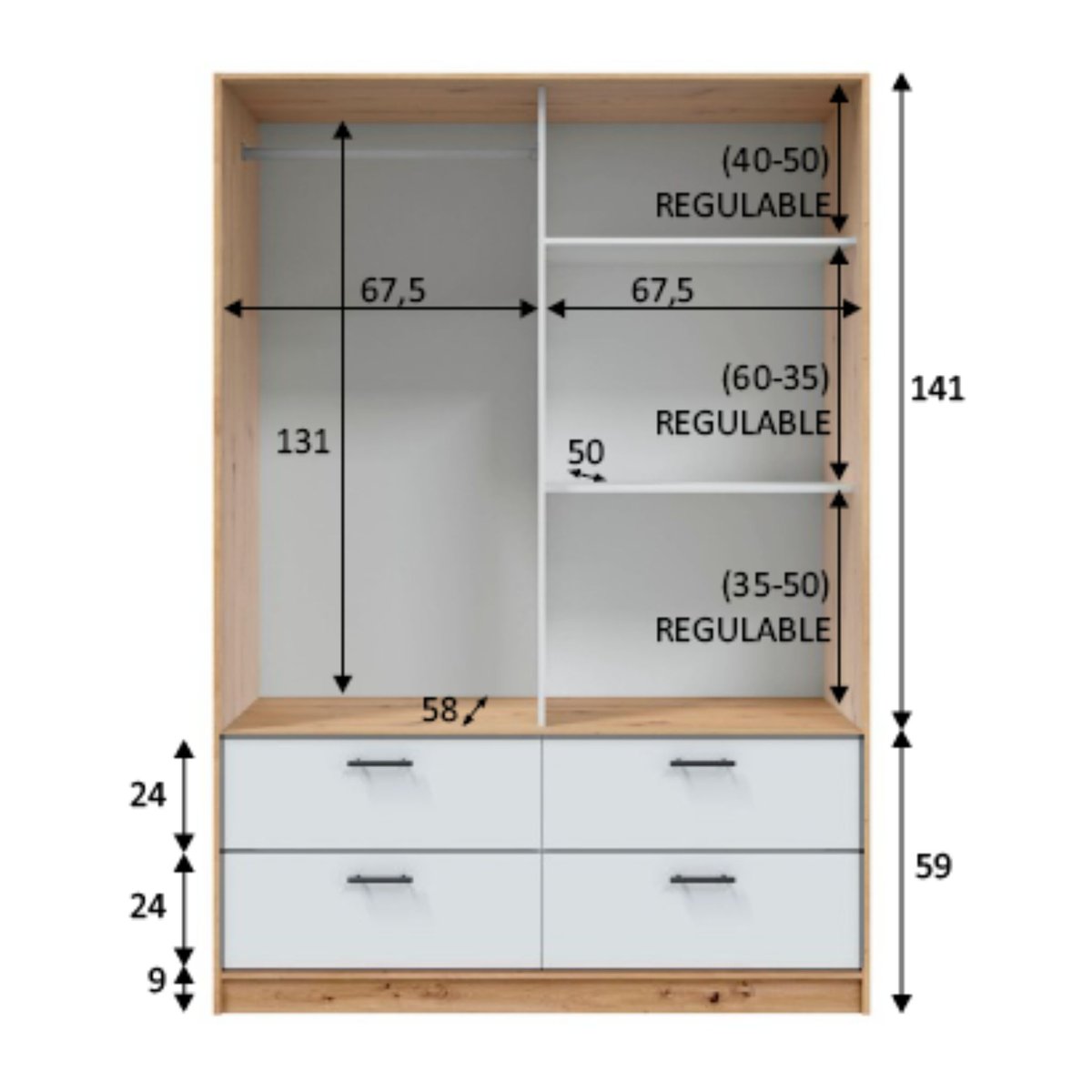 Armoire avec étagères et tiroirs blanc et chêne bois naturel, TERRE DE NUIT
