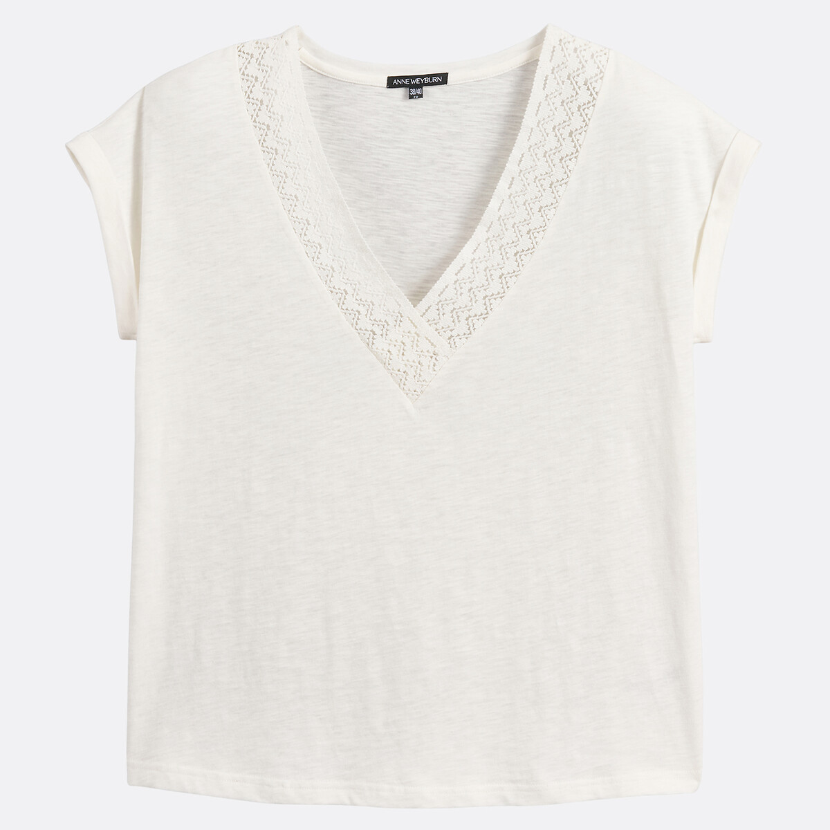 Macramé Detail V-Neck T-Shirt with Short Sleeves off-white, ANNE WEYBURN