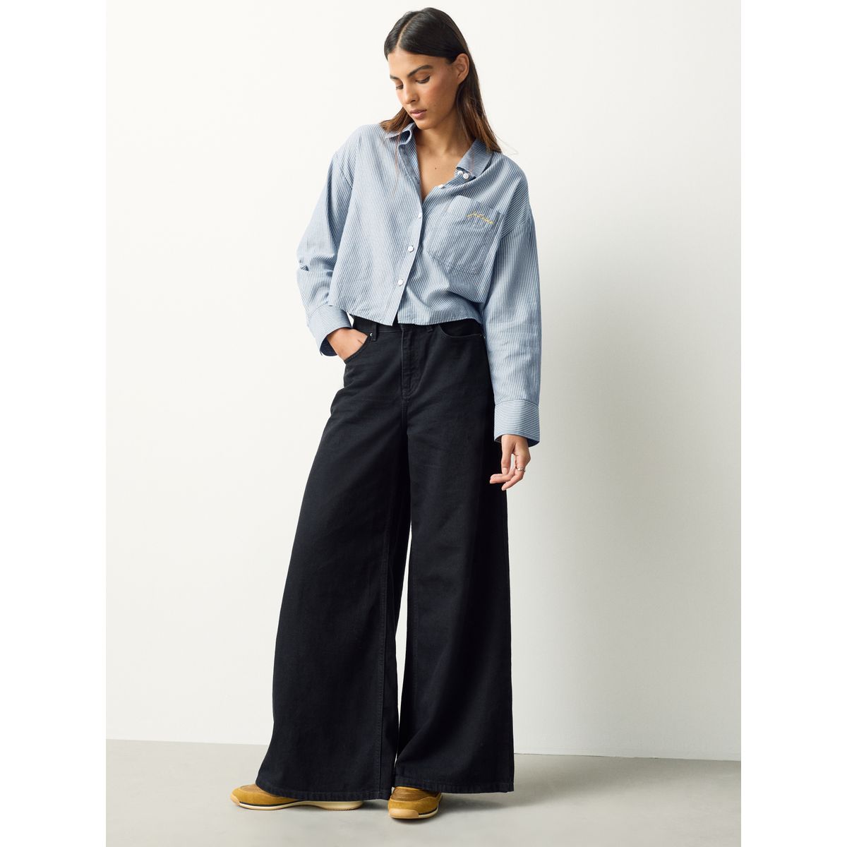 Chemise courte décontractée à manches longues rayures bleu marine/blanc, NEXT