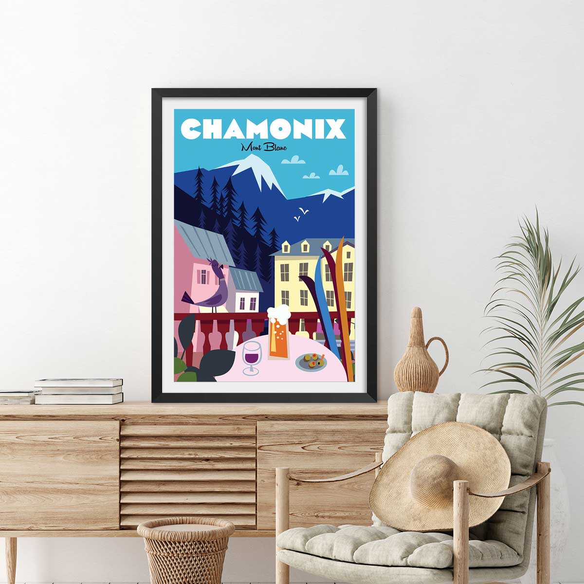 Affiche Chamonix Mont Blanc affiche + cadre en bois - noir, HEXOA