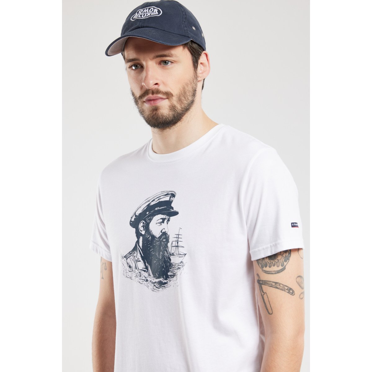 T-shirt sérigraphié en coton léger marin à casquette/blanc, ARMOR-LUX