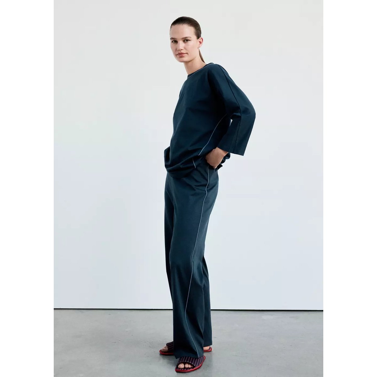 Pantalon de pyjama coton uni bleu marine, MANGO
