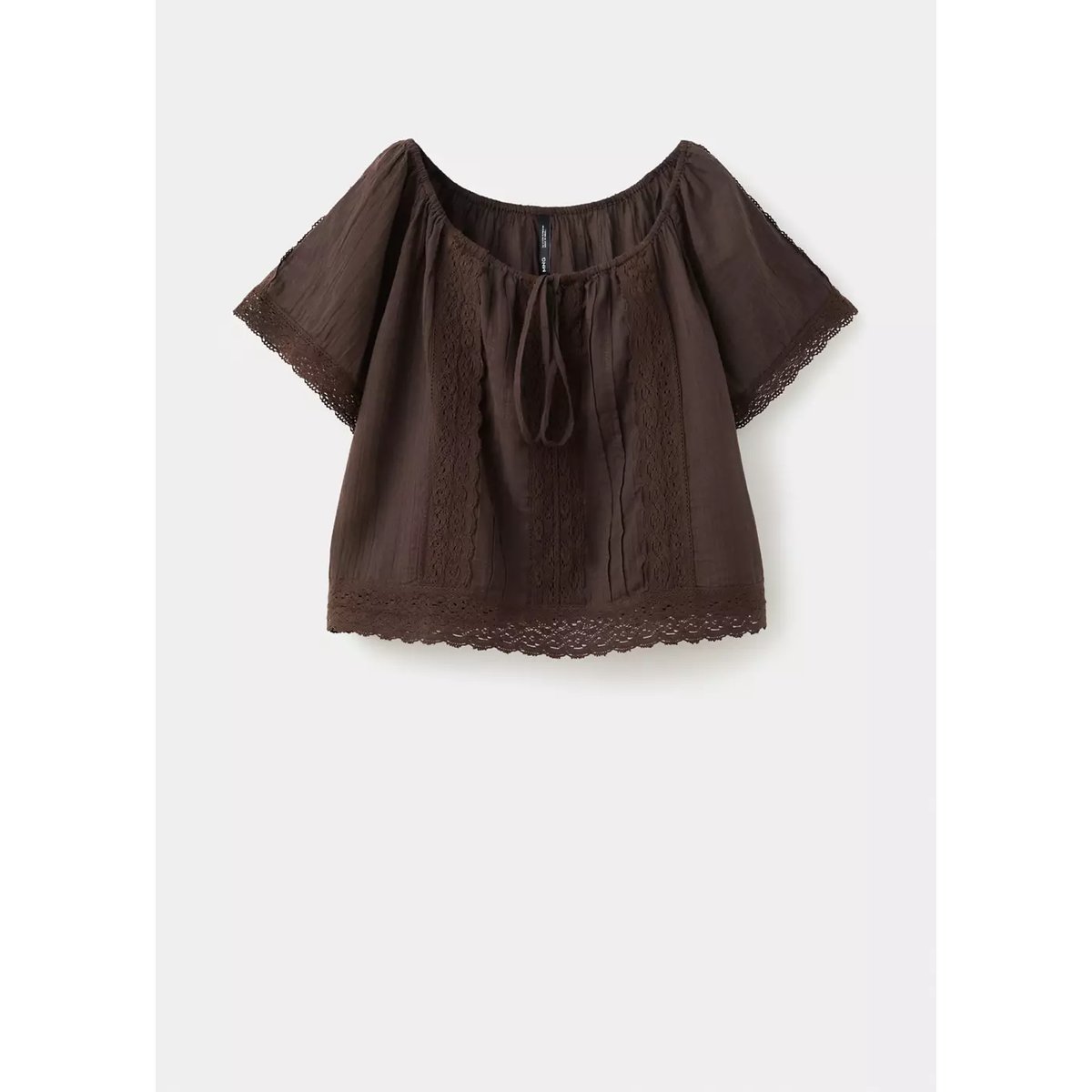 Blouse en coton et dentelle marron, MANGO