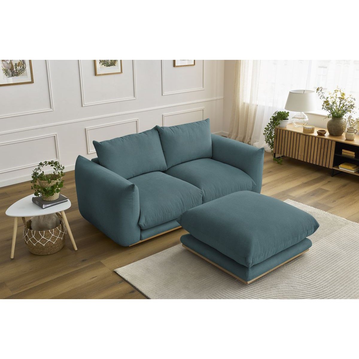 Canapé droit fixe 3 places en tissu avec pouf, ERNEST bleu foncé, BOBOCHIC