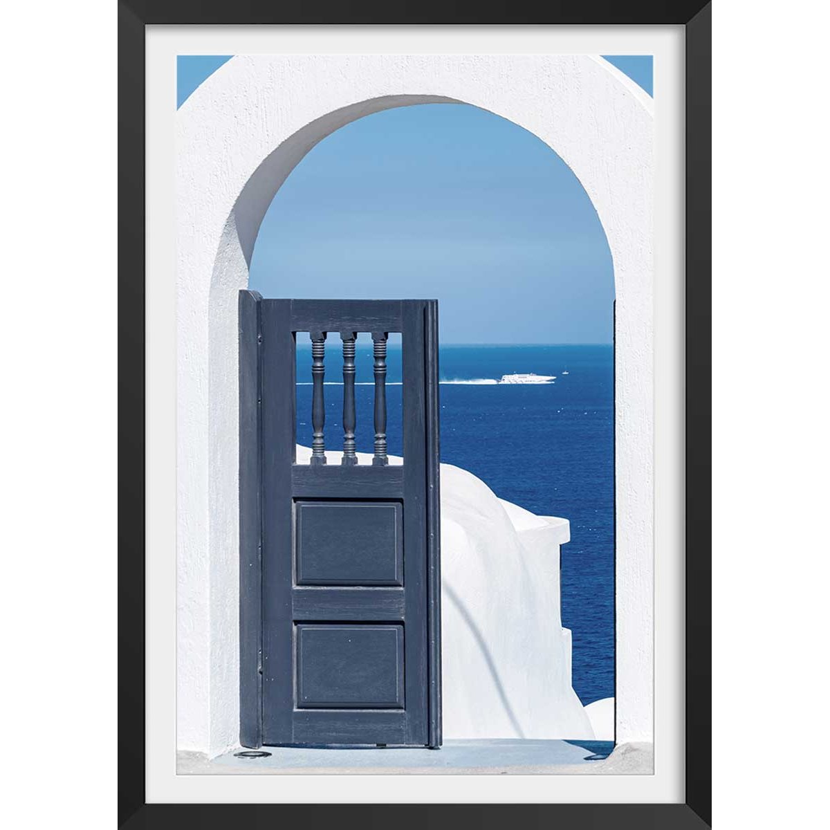 Poster porte bleue oia affiche + cadre en bois - noir, HEXOA