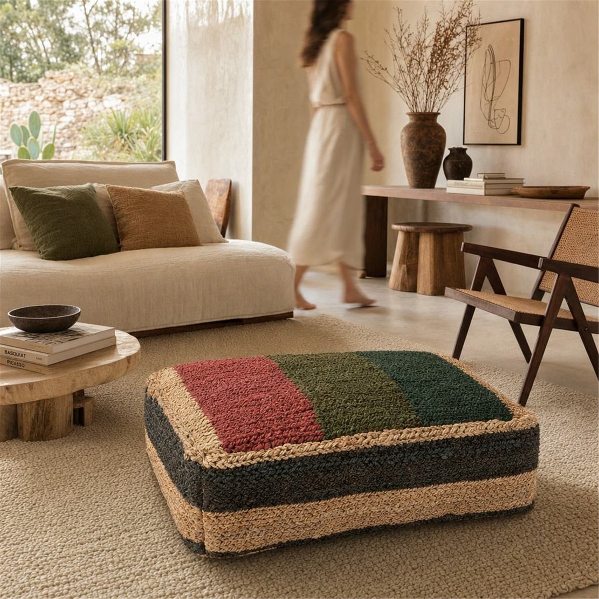 Pouf tressé fait main esprit ethnique multicolore, RECOLLECTION