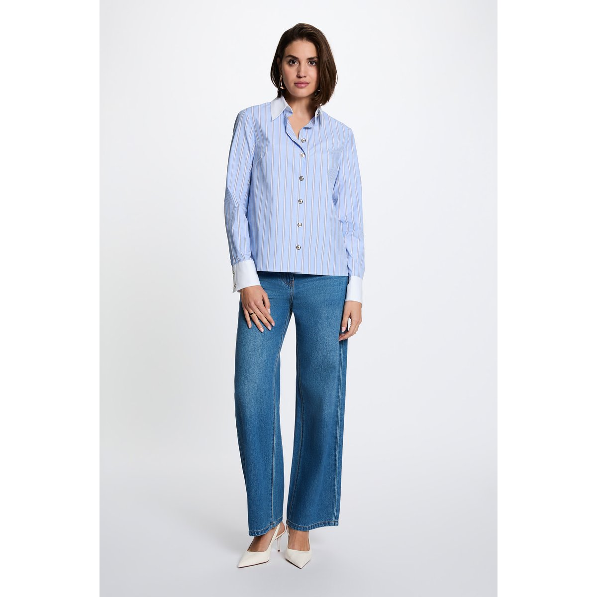 Chemise rayée col contrastant bleu ciel, MORGAN