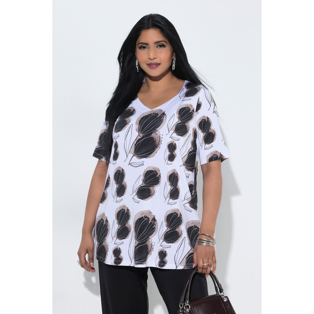 T-shirt au tombé fluide, motif floral gris beige, ULLA POPKEN