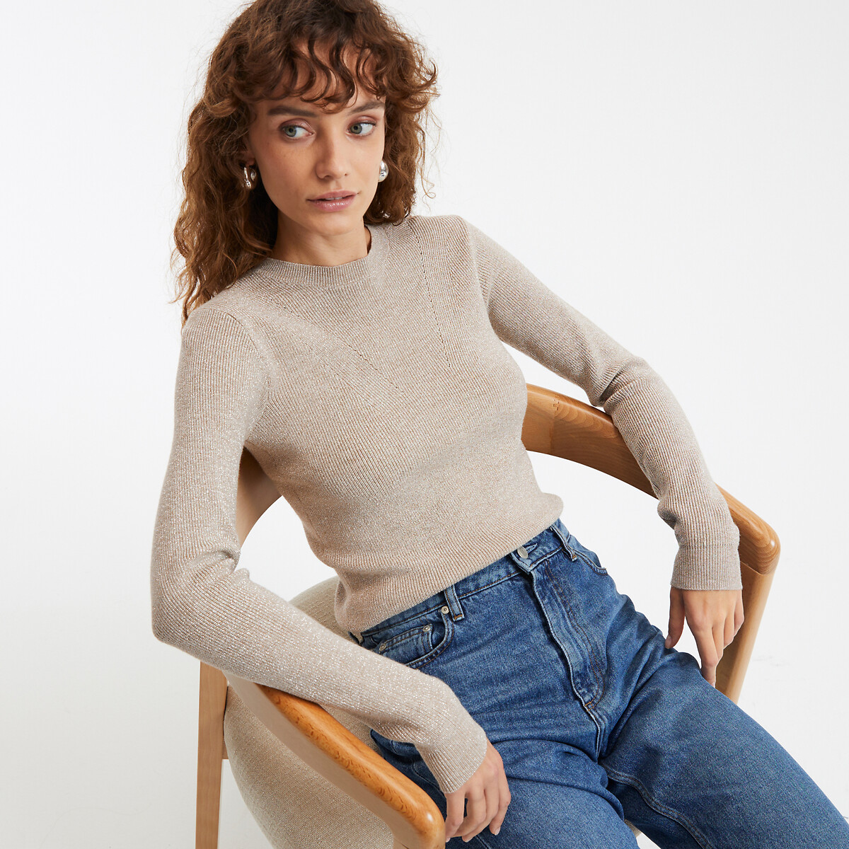 Sparkly Knit Jumper with Crew Neck gold-coloured, LA REDOUTE COLLECTIONS