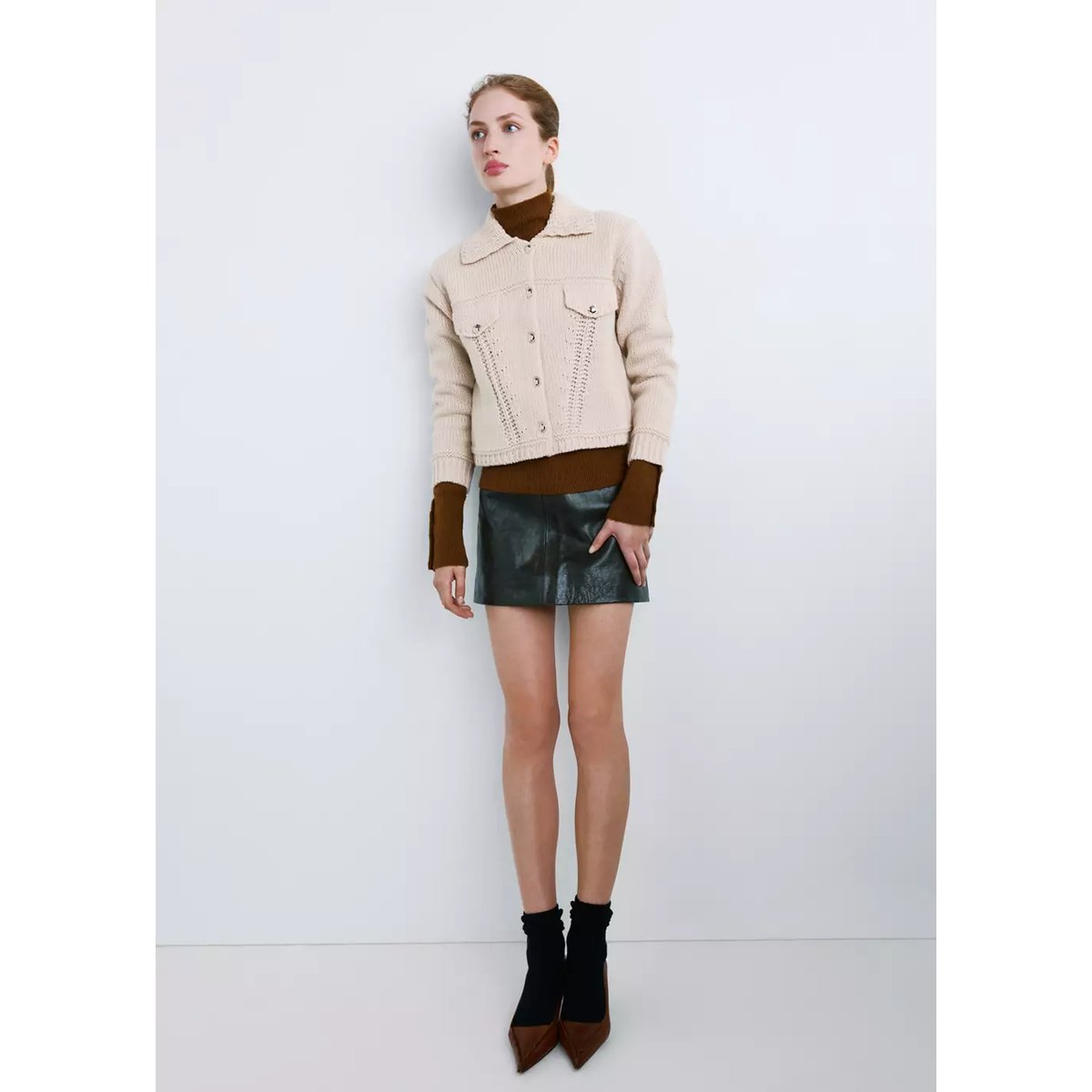 Veste en maille col classique sable, MANGO