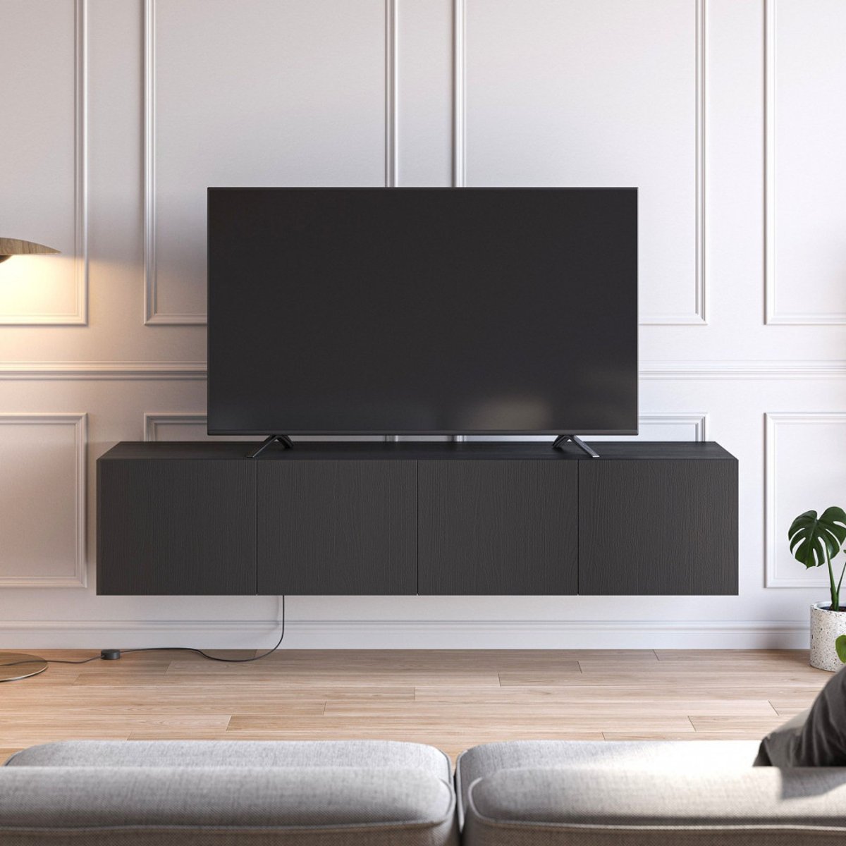 Meuble TV suspendu 4 portes en bois L180cm- NEXA noir, DRAWER