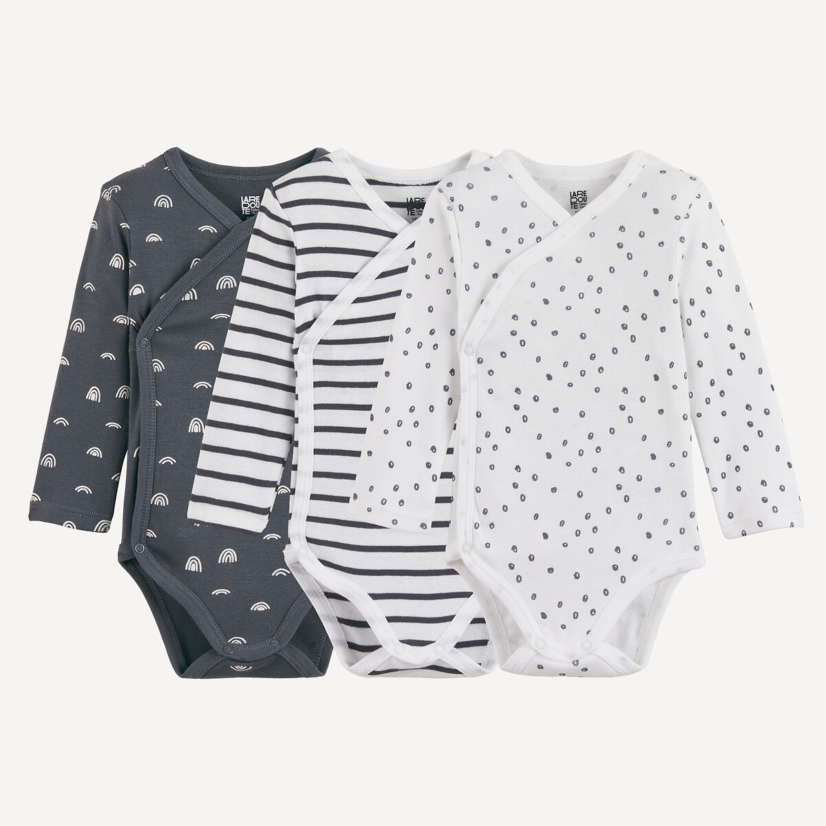 Pack of 3 Cloud/Striped/Polka Dot Print Long Sleeve Newborn Bodysuits assorted, LA REDOUTE COLLECTIONS