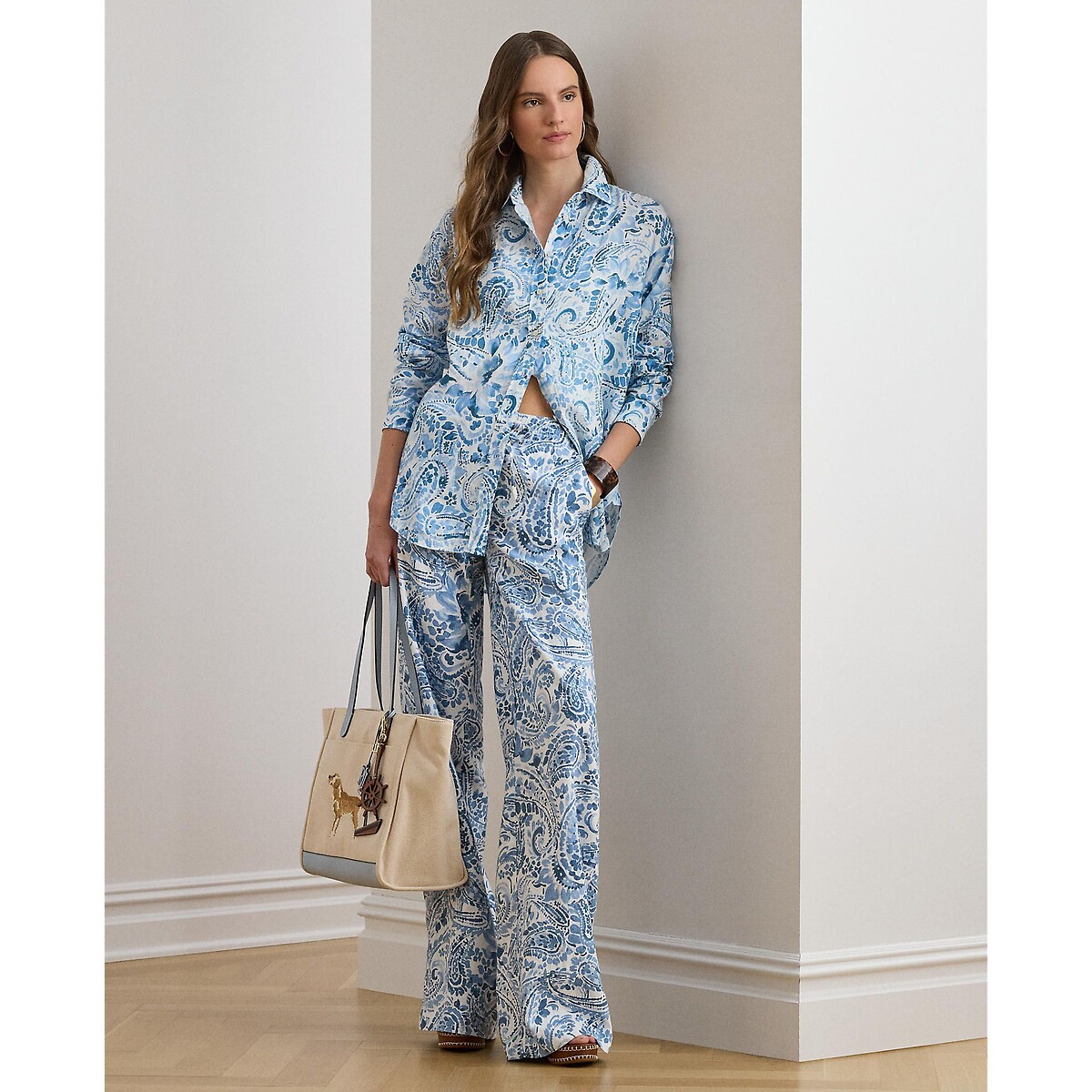 Chemise manches longues en lin imprimé cachemire rayé bleu/blanc, LAUREN RALPH LAUREN