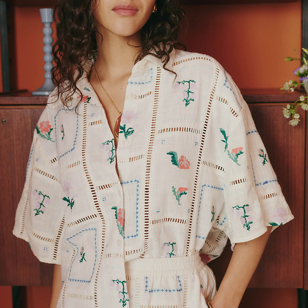 Chemise manches courtes brodée et ajourée ivoire brodé, LA REDOUTE COLLECTIONS