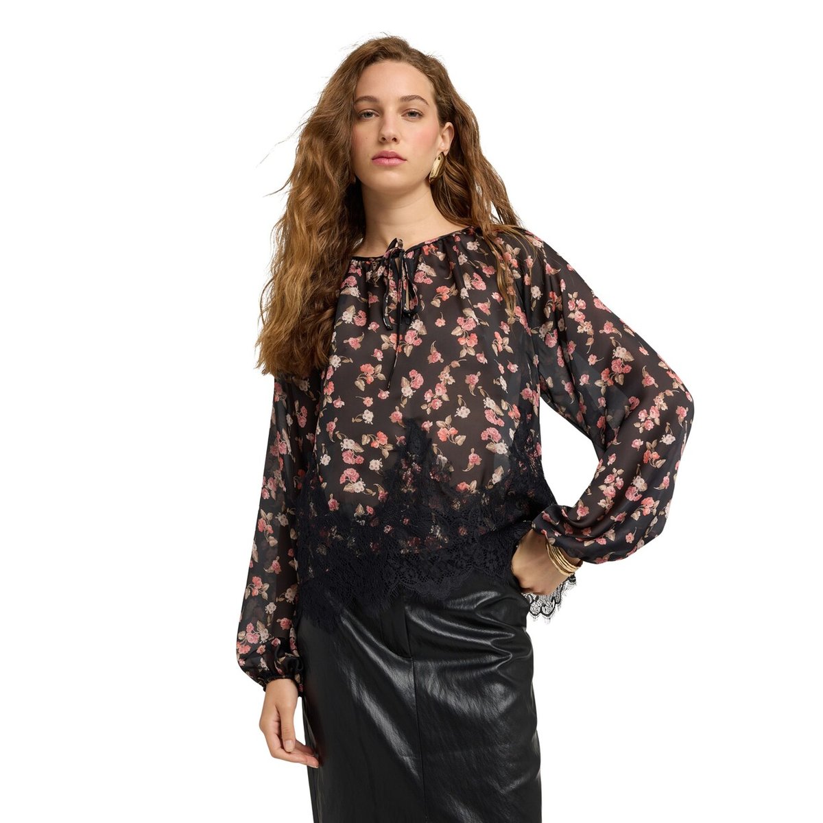 Blouse avec imprimé fleuri et dentelle noir, MOTIVI
