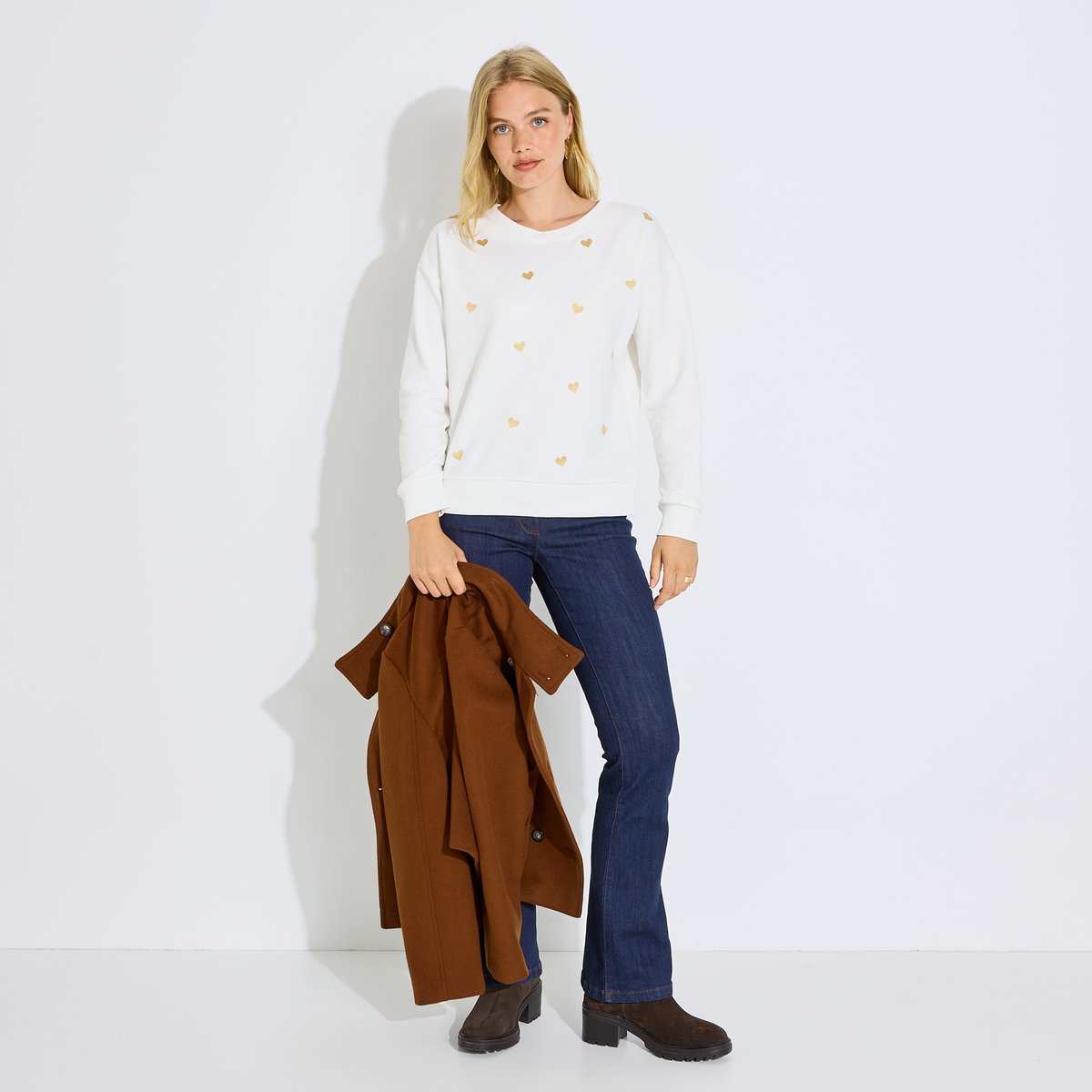 Sweat cœurs brodés blanc cassé ecru, GRAIN DE MALICE