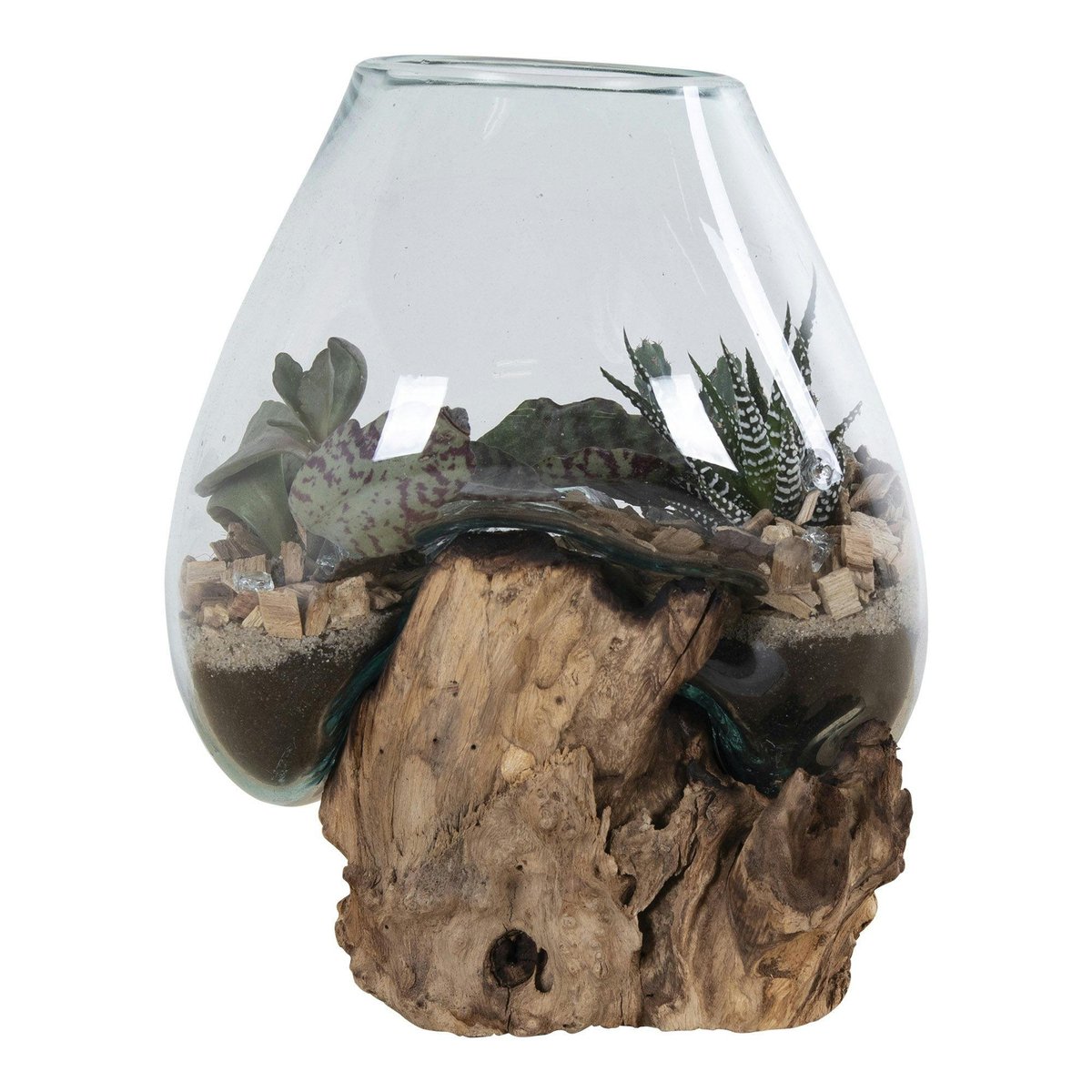 Vase verre soufflé et racine teck, artisanal H 20 cm ARIZONA bois naturel, PIER IMPORT