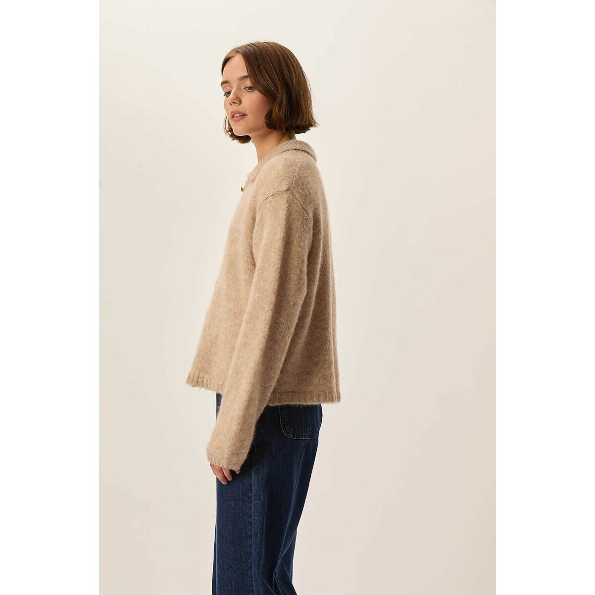 Anouka Long Sleeve Cardigan with Polo Collar taupe, DES PETITS HAUTS