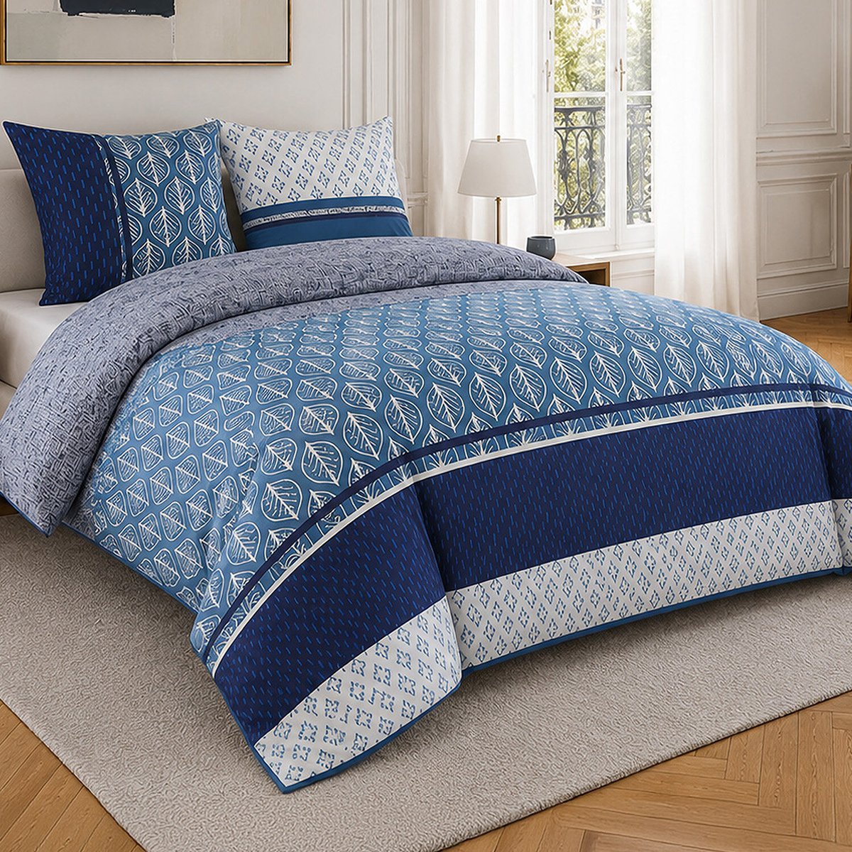 Parure de lit en percale de coton motif feuilles et graphiques, TOMY multicolore, ATELIER DU COTON