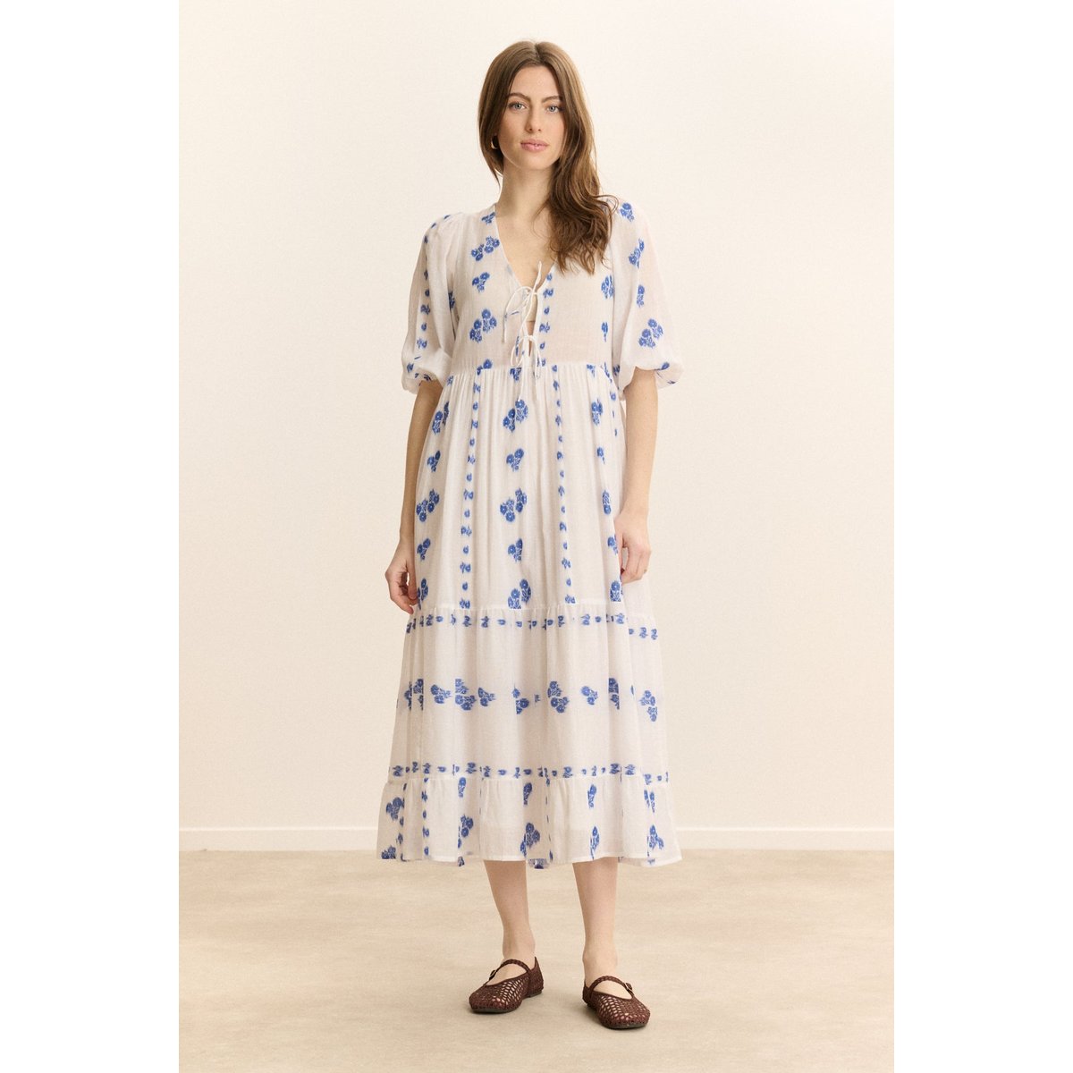 Robe longue brodée manches courtes <br> CAMILLE blanc, GARANCE PARIS