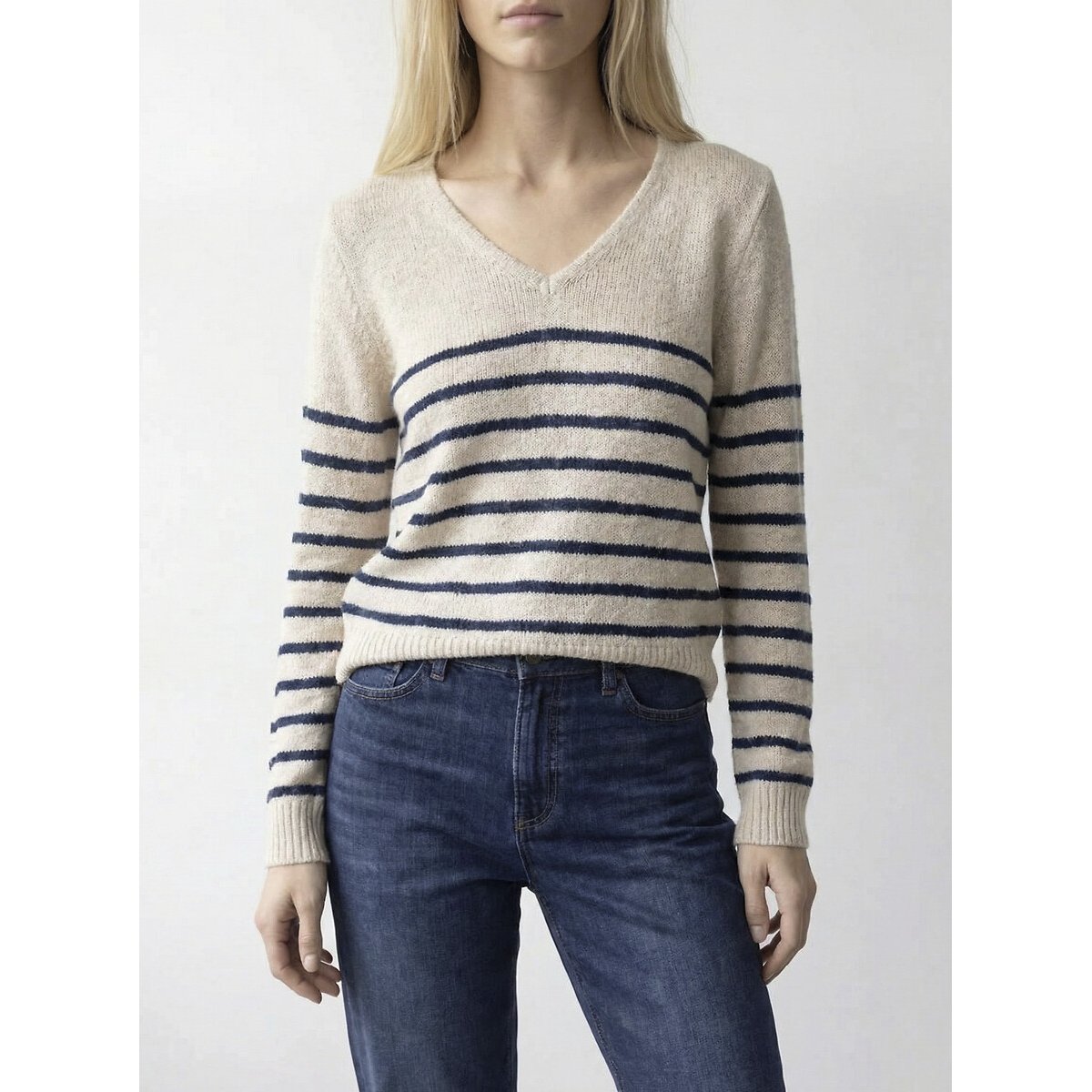 Pull rayé manches longues ecru/bleu, VILA