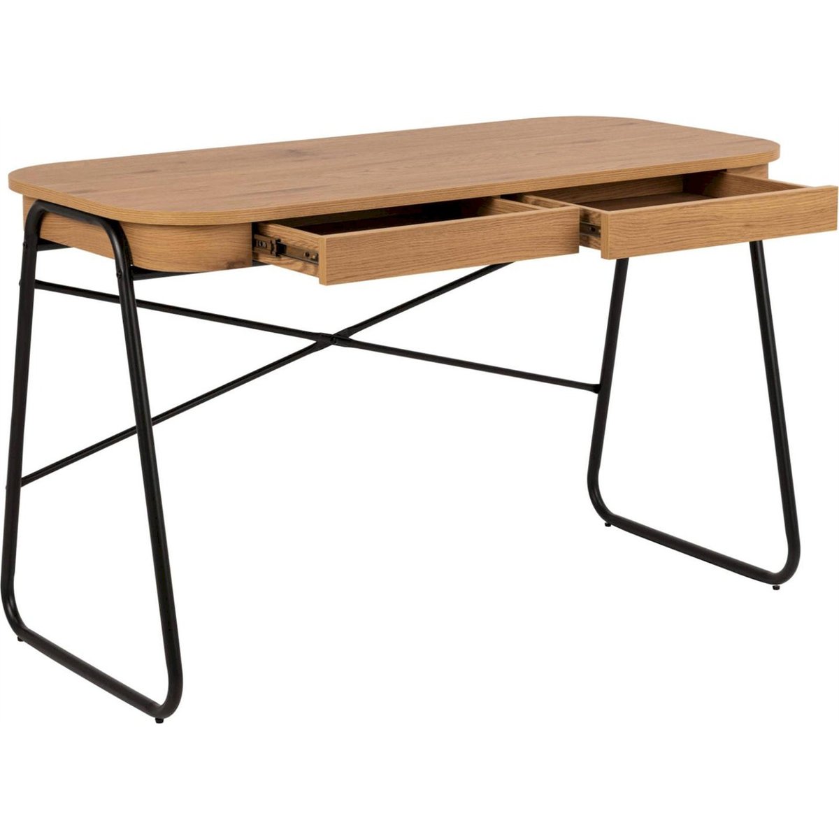 Bureau LIZENO 2 tiroirs piètement métal chêne naturel mat et noir, RECOLLECTION