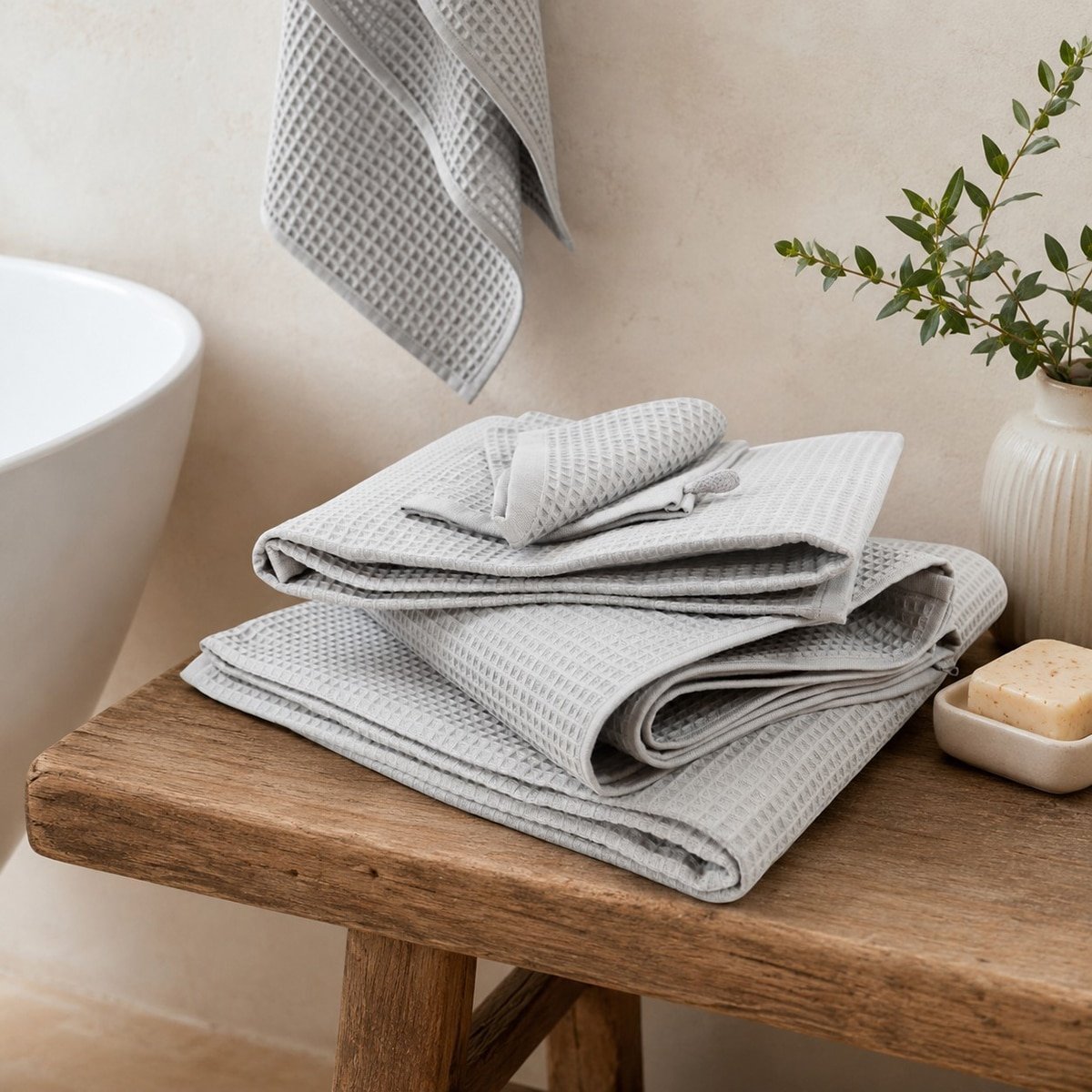 Maxi drap de bain en coton nid d'abeille EDEN gris, LINANDELLE