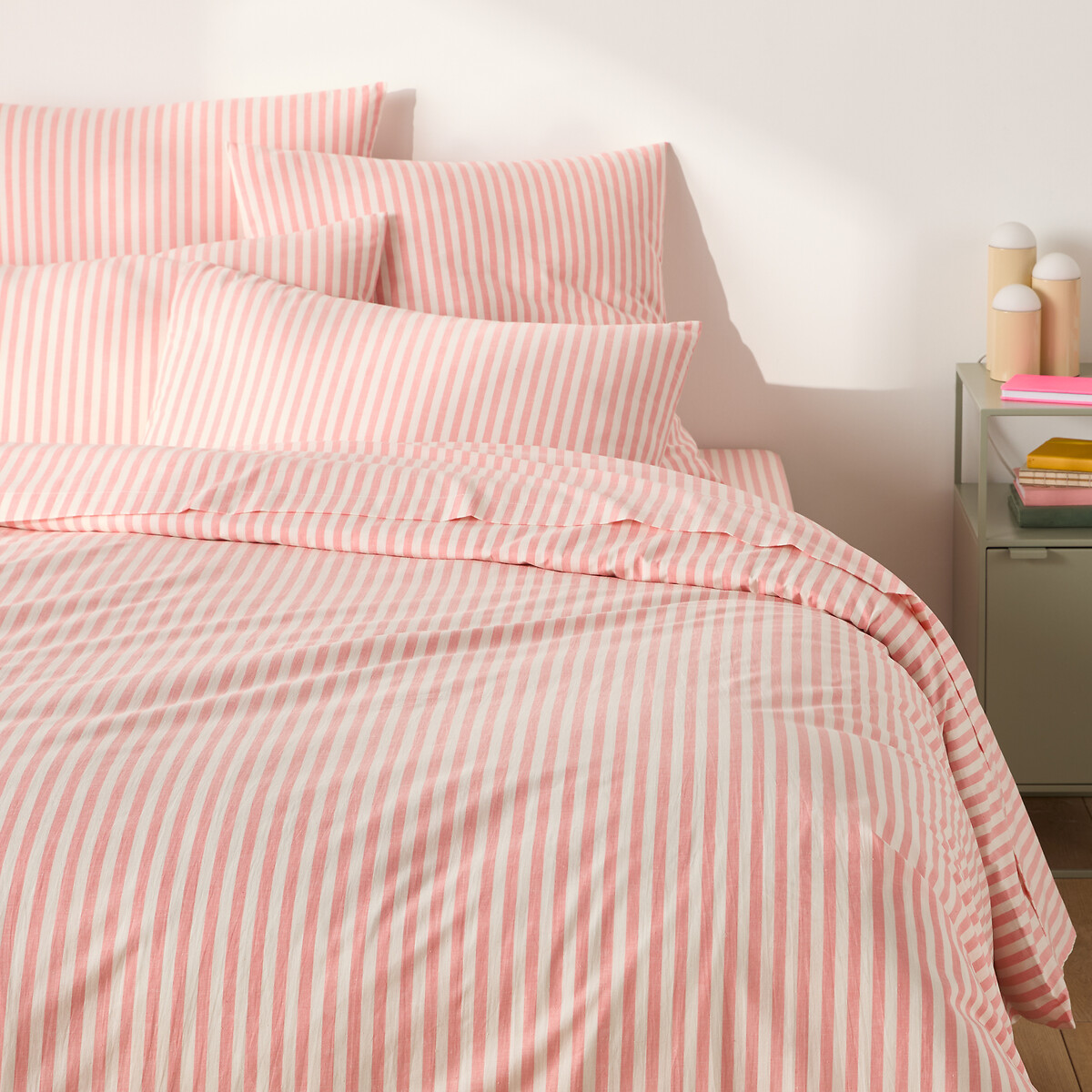 Housse de couette en coton, SOIZIC CORAIL rayé corail, LA REDOUTE INTERIEURS