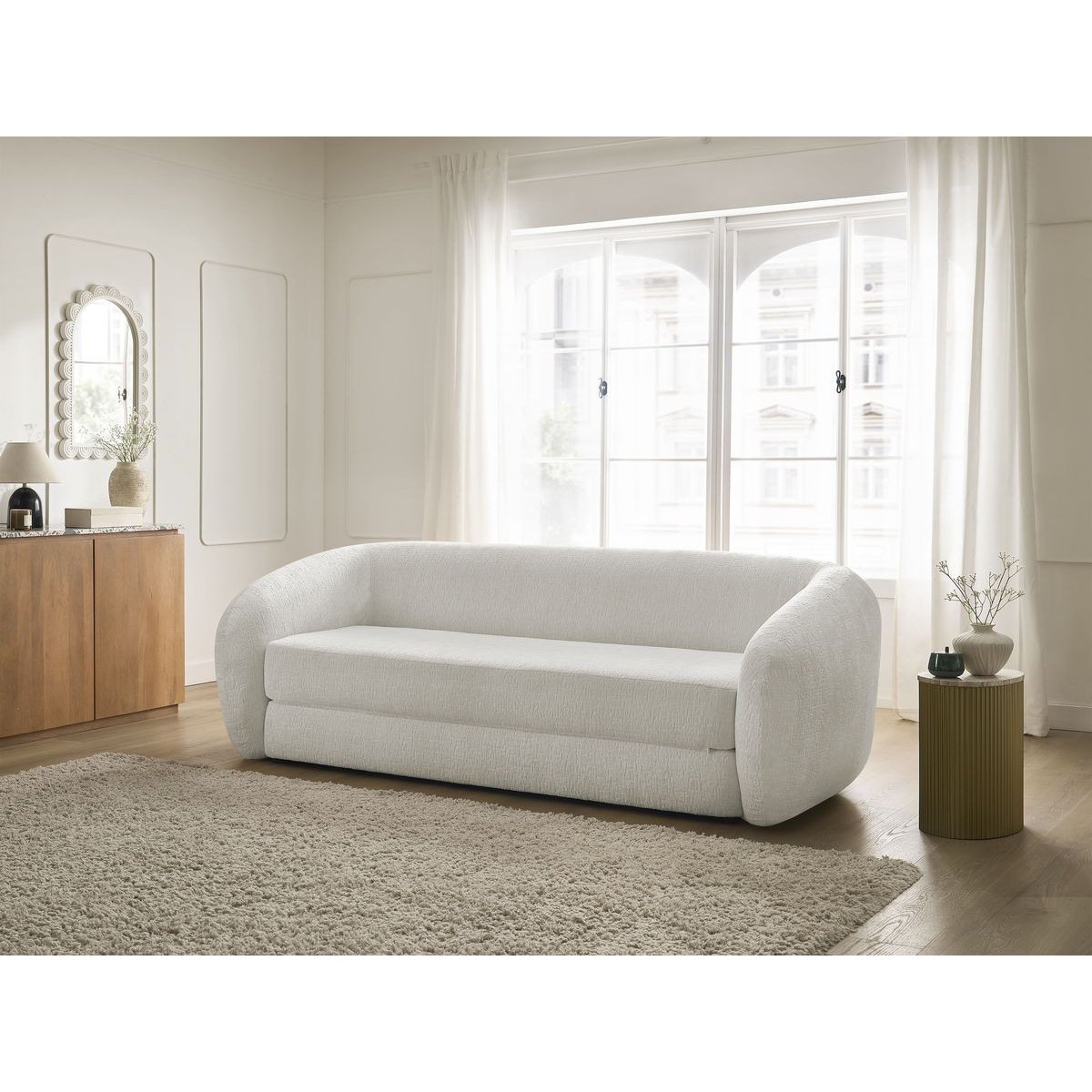 Canapé droit convertible 3 places en tissu texturé, NEYO blanc, BOBOCHIC