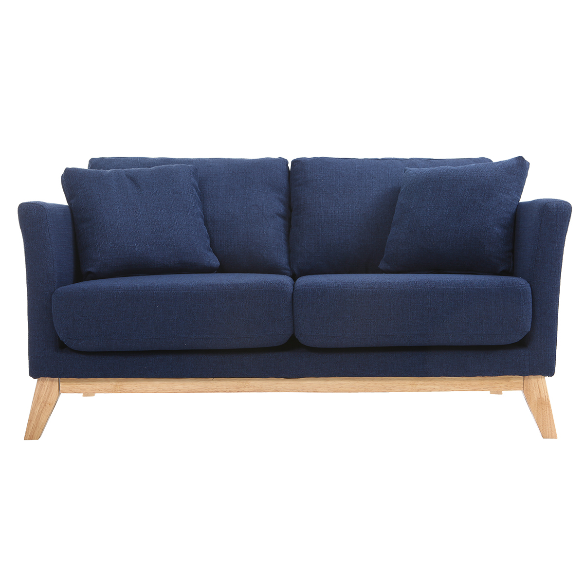 Canapé scandinave déhoussable 2 places en tissu chenille terre brûlée et bois clair OSLO bleu marine, MILIBOO