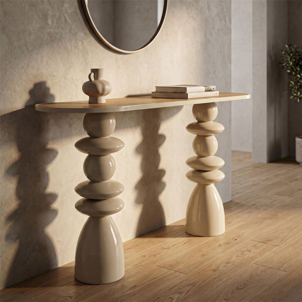 Console au plateau arrondi base sculptée MODERN crème, RECOLLECTION